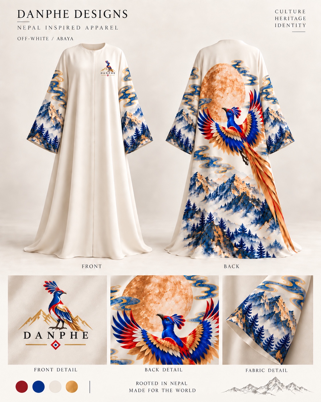 Off-white Danphe abaya: front, back, artwork and fabric details