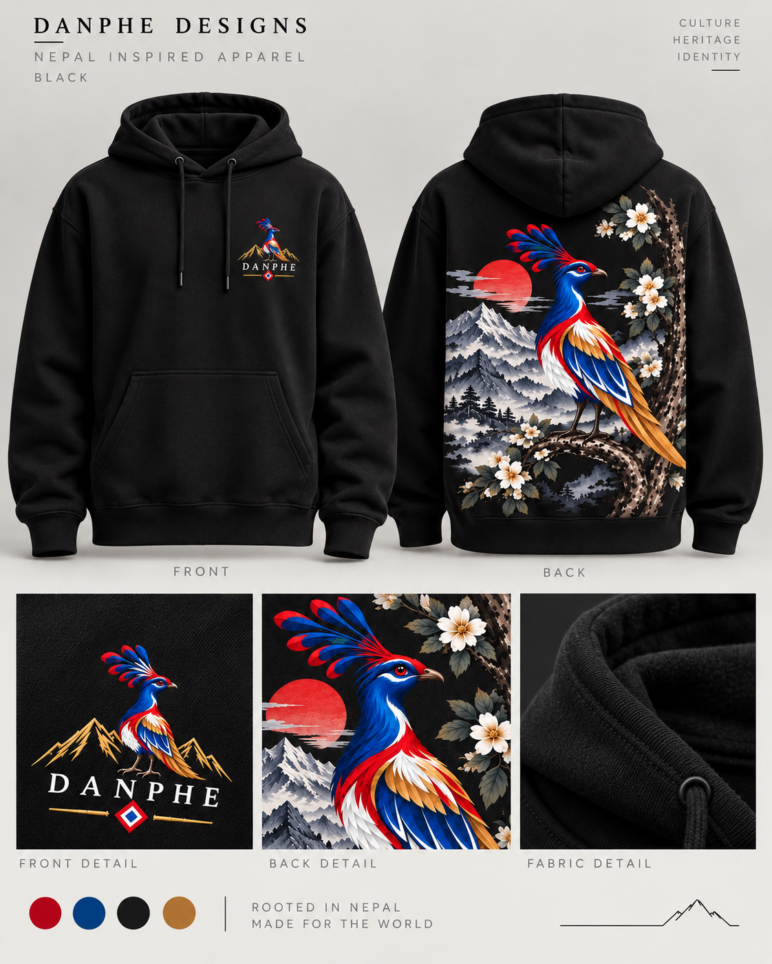 Black Basanta hoodie: front, back, artwork and fabric details