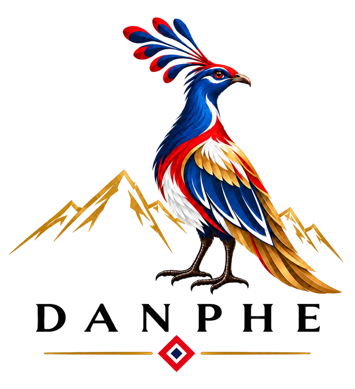 The complete Danphe logo: a coloured bird with visible feet, gold mountains, DANPHE lettering and the flag-coloured diamond